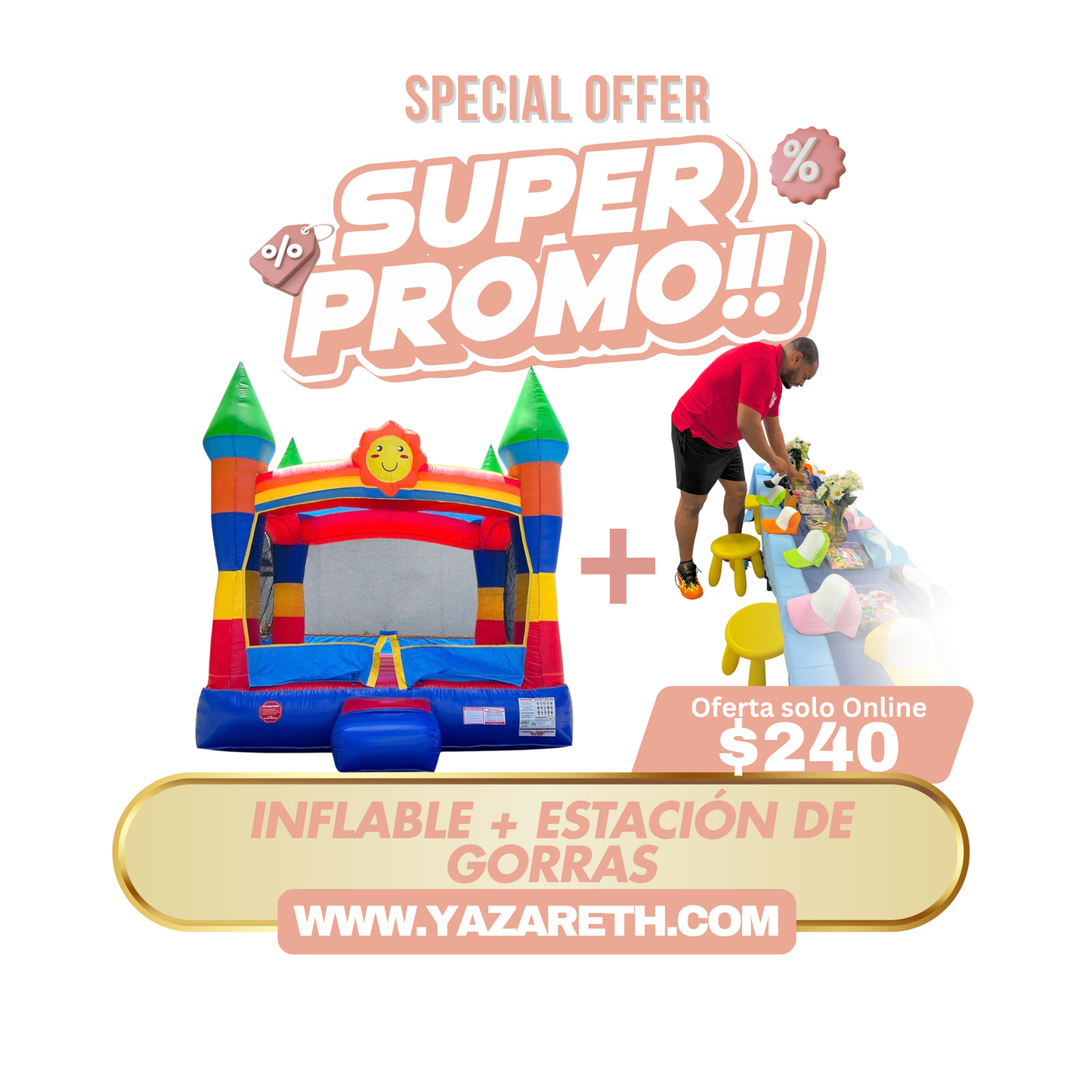 Inflable 12x13 + estación de gorras