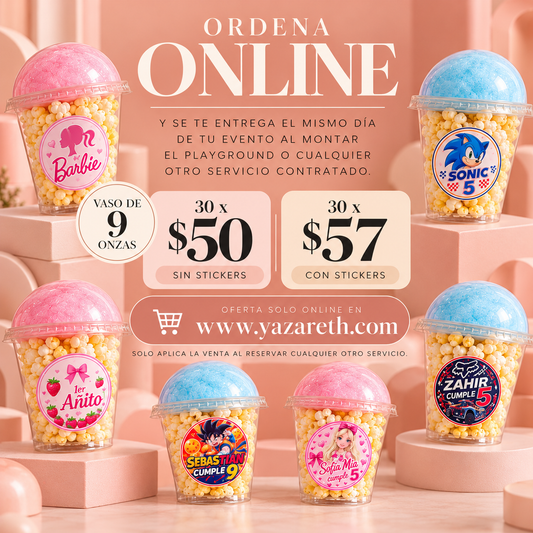 Vaso 9onz Popcorn y algodón. Solo entregas el día de su montaje.