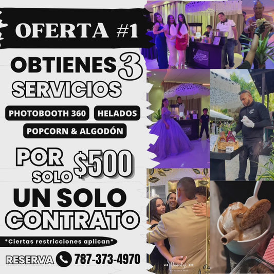 Photo Booth 360, popcorn, algodón y helado (60 personas)